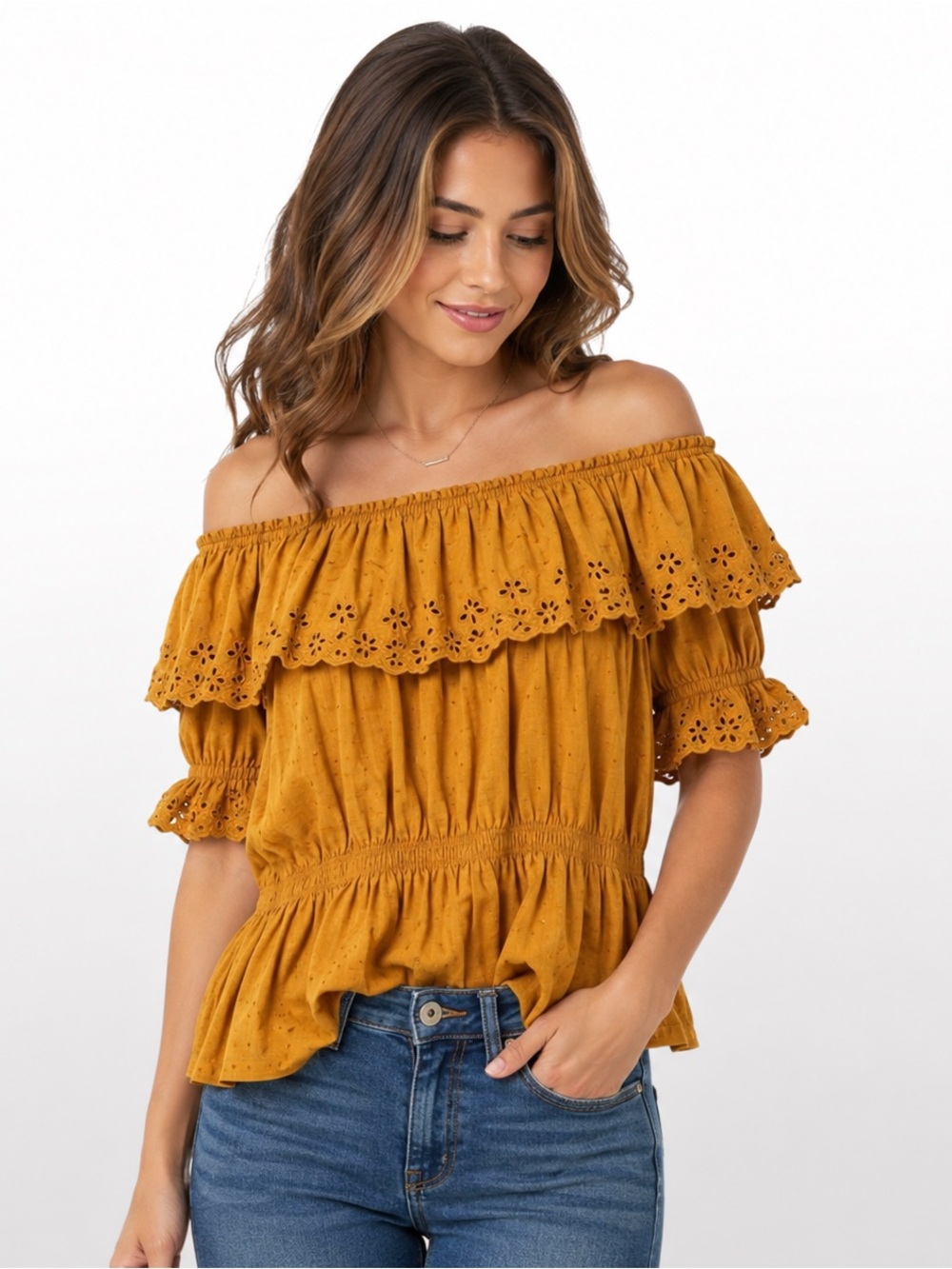 Universal Thread Mustard Eyelet Peasant Top Small Off Shoulder Boho